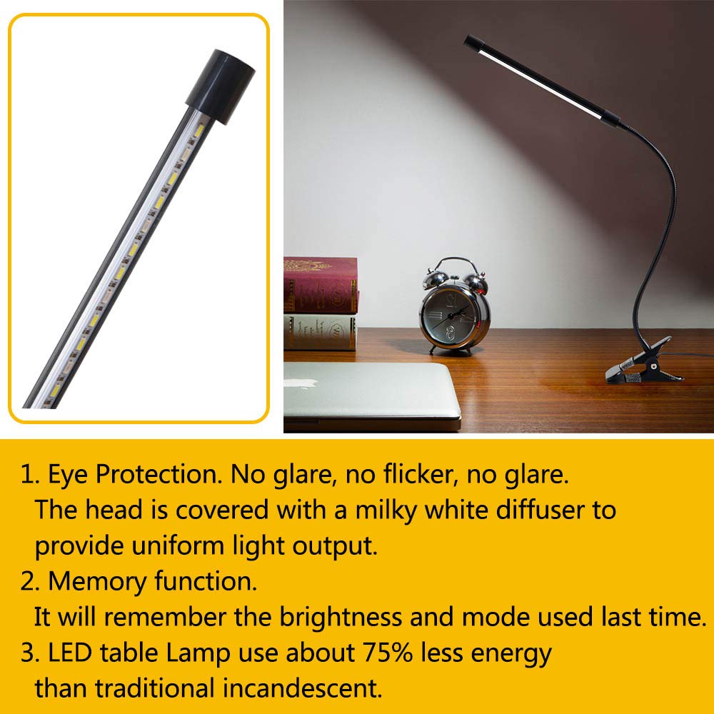 LED Clip Desk Lamp, Reading Light Study Lamp Eye Care Protection with 10 Dimmable Brightness & 3 Light Modes, USB Powered Flexible Gooseneck Clamp for Bed Headboard Table Office Lights, 7W (Black)