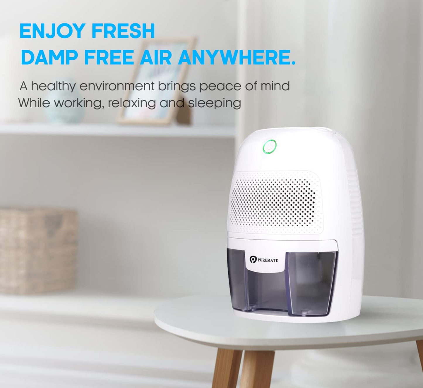 PureMate Dehumidifier 600ml Compact and Portable Mini Air Dehumidifier for Damp, Mould, Moisture in Home, Kitchen, Bedroom, Bathroom, Caravan, Garage Office, Basement - White