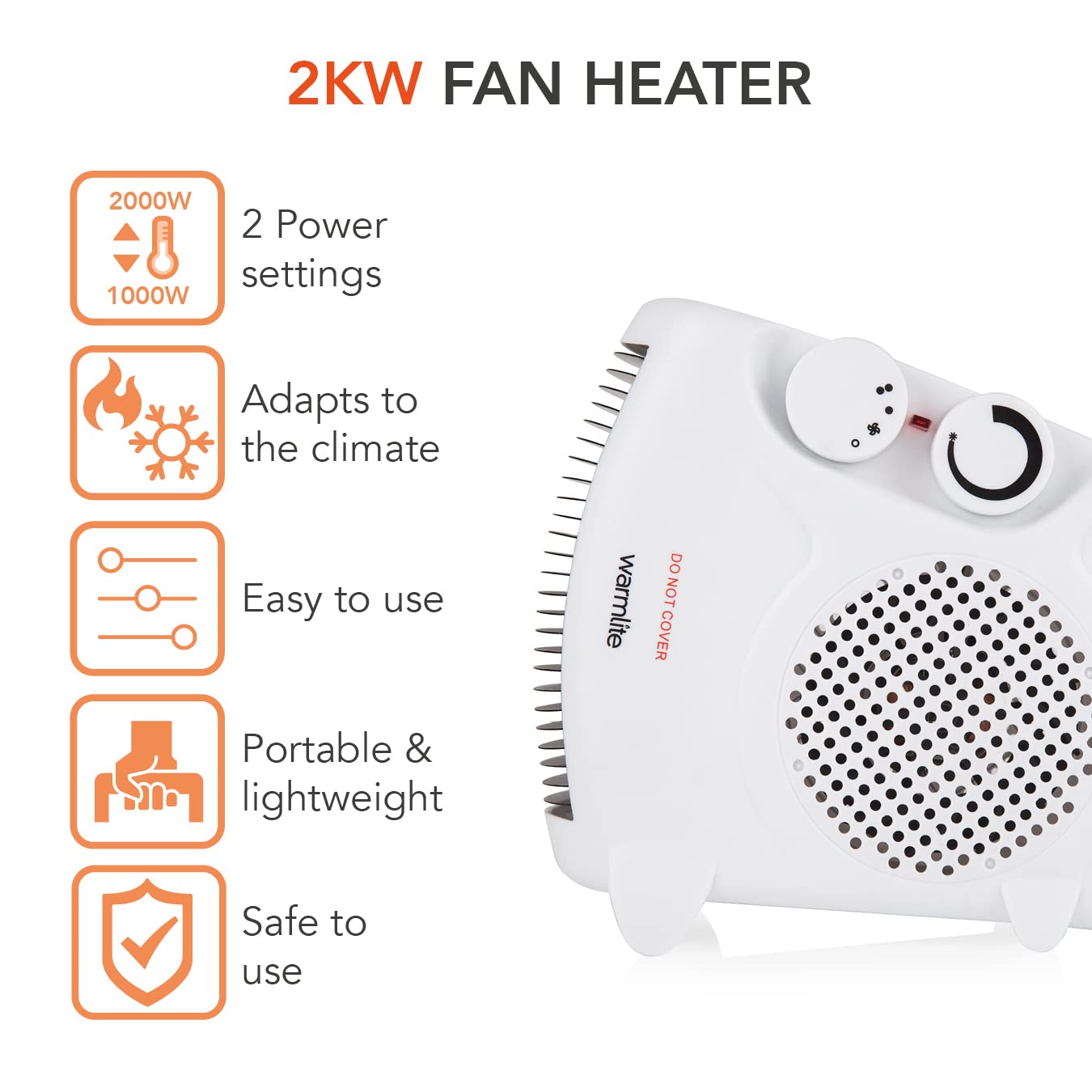 Warmlite WL44001 Thermo Fan Heater with 2 Heat Settings and Overheat Protection, 2000W, White Single