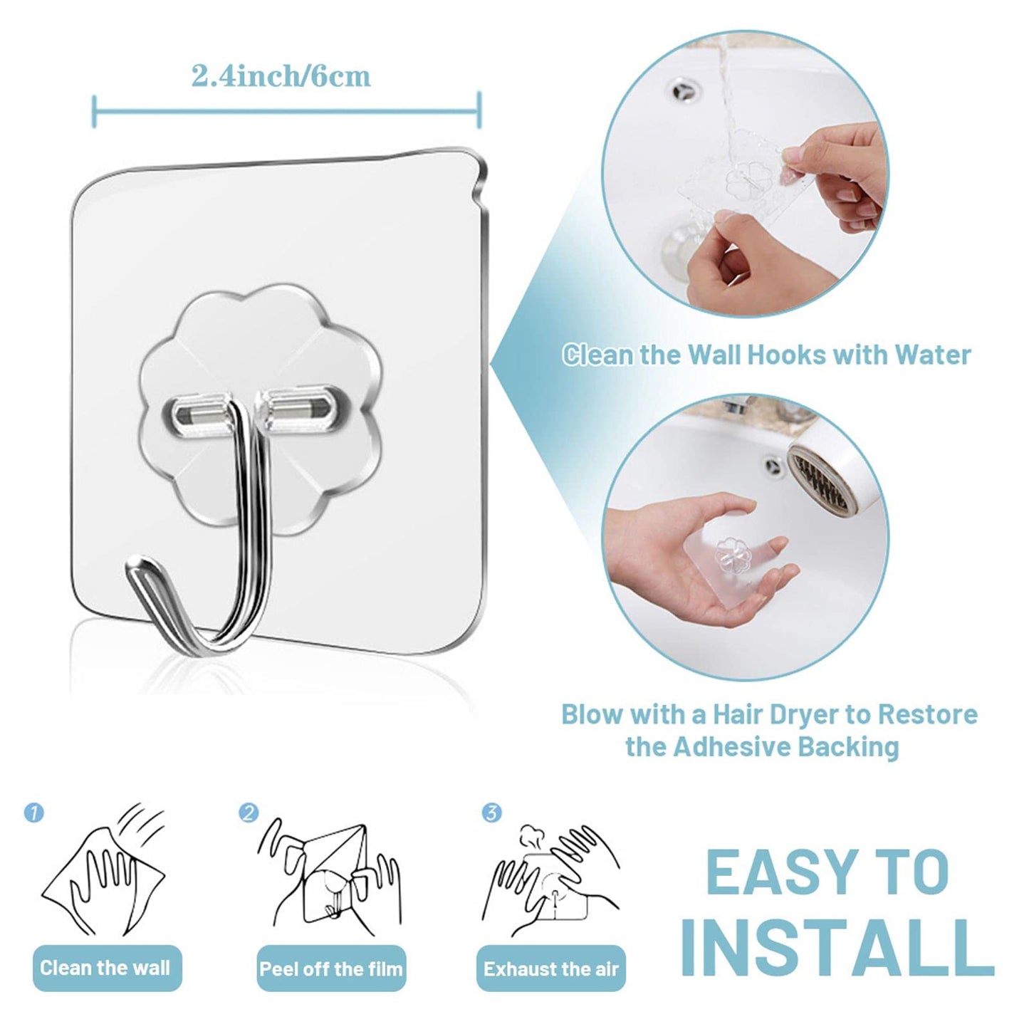 Wall Hooks 33lbs/15Kg(Max) Transparent Reusable Seamless Hooks for Hanging,Waterproof Oilproof Bathroom Kitchen Heavy Duty Adhesive Hooks,Coat Hooks, Utility Towel Bath Ceiling Hooks (20Pack) 20