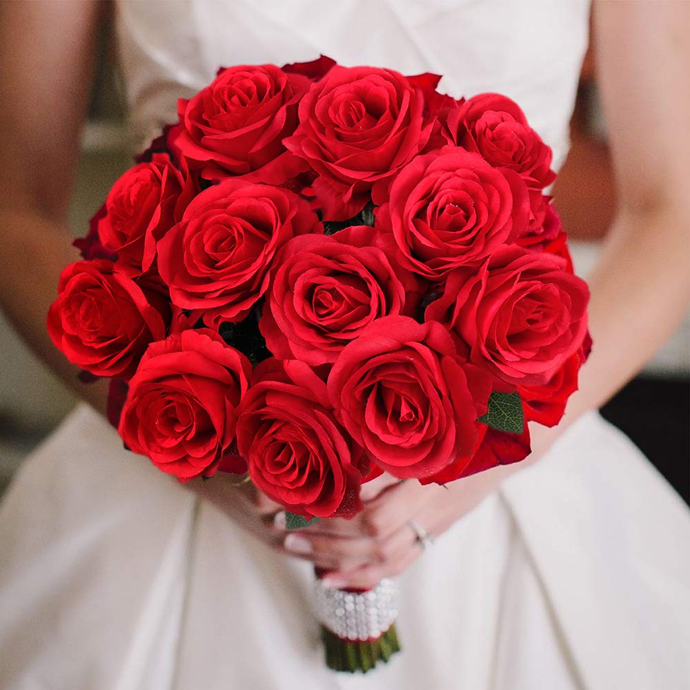 Mocoosy 12PCS Red Artificial Rose Flowers, Silk Roses Single Stem Realistic Fake Rose Bouquet for Wedding Bridal Shower Home Garden Decorations