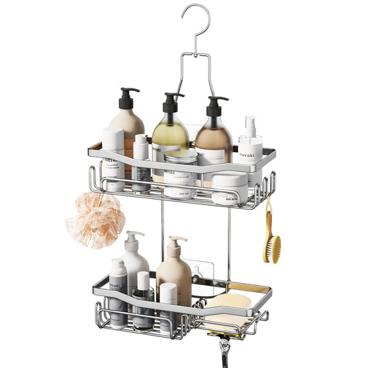 HapiRm Hanging Shower Caddy, No Drilling Shower Shelf with Razor and Soap Holder, Rust-resistant Shower Organiser for Shower Accessories, 2 Tier Shower Caddy Hanging, 3 Screw Adhesives, Silver Silver-01