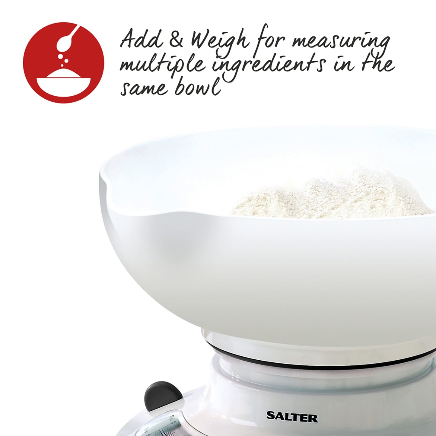 Salter 800 WHBKDR Aquaweigh Mechanical Scale - Measures Liquids & Fluids, Add & Weigh/Tare Function, Rotating Twin Dial, Pouring Spout, 2.6 L Bowl & Easy Storage, Max 4 kg, Baking/Cooking, White AquaWeigh Mechanical Kitchen Scale