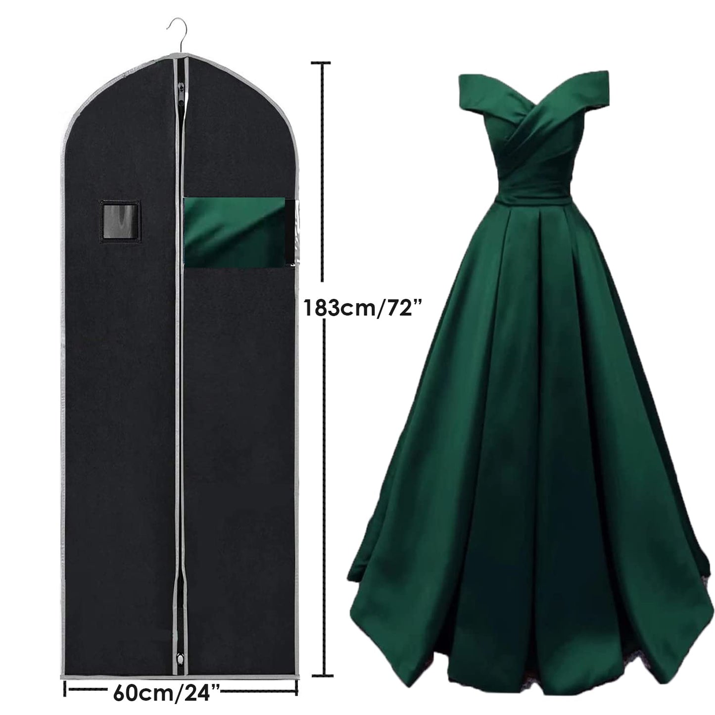 Dress Bag Covers Long, URMI Breathable 72 inch (3 PCS) Hanging Wedding Dress Bridesmaid Dress Bags for Gowns Prom Bridal Garment Bags with Clear Window Moth Proof Clothes Cover Storage Bag Black 183cm 24"x 72"/3 PCS