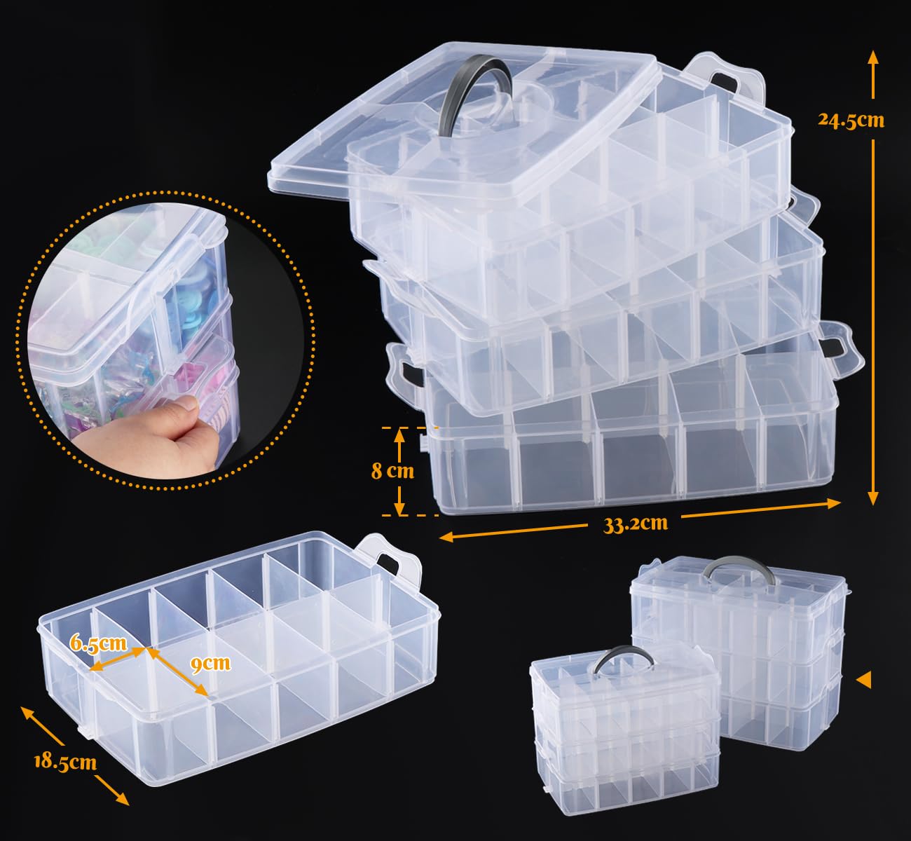 Anstore Craft Storage Box with Compartments, 3-Tier 30 Sections Transparent Stackable Plastic Box Organiser with Handle, Practical Sorting Box for Crafts, Jewelry, Toy, Sewing Accessories Large