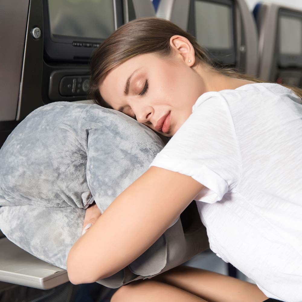 Head Supporting Travel Pillow- Multifunction Inflatable Travel Pillows for Sleeping on Airplane Train Bus Office Dark Grey