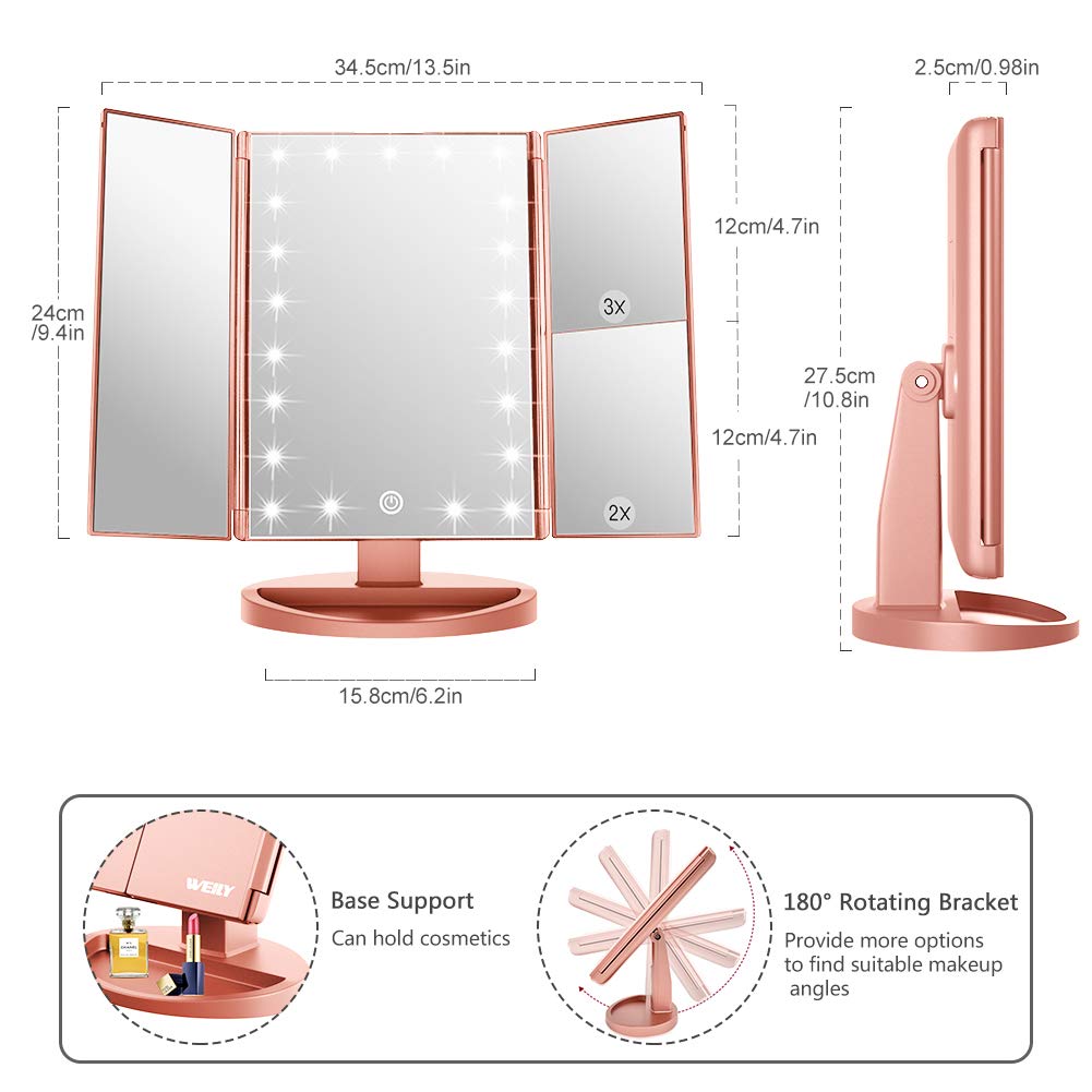 WEILY Vanity Makeup Mirror,1x/2x/3x Tri-Fold Makeup Mirror with 21 LED Lights and Adjustable Touch Screen Lighted Mirror Dressing Mirrors (Rose Gold) Rose Glod