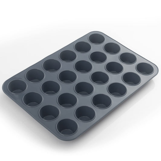 SUPER KITCHEN Mini Muffin Tray 24 Cup Silicone Muffins Pan, Non-Stick Cupcake Tin, Silicon Mould Bakeware, Reusable Baking Case for Mini Mince Pie, Cupcakes, Dishwasher Safe, 34 x 23 x 2.5 cm (Grey) Grey 24 Cups