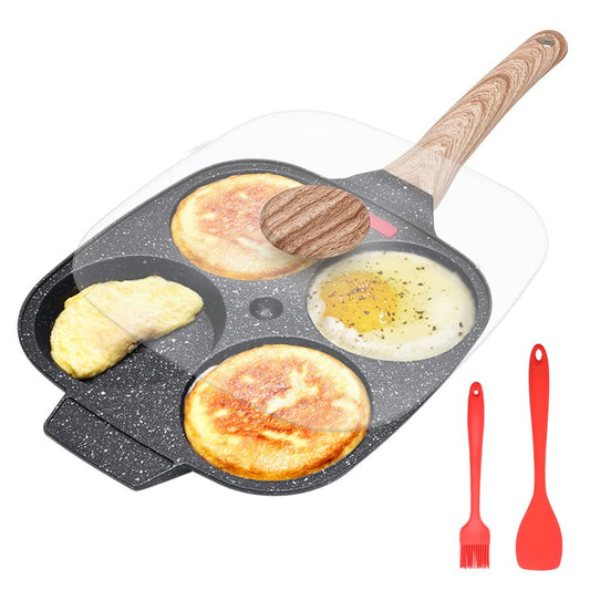 Bobikuke Pancake Pan Non Stick, 4 Hole Egg Frying Pan with Lid Burger Pan Multi Aluminum Fried Egg Pan for Breakfast - Black 4 Trous + Couvercle