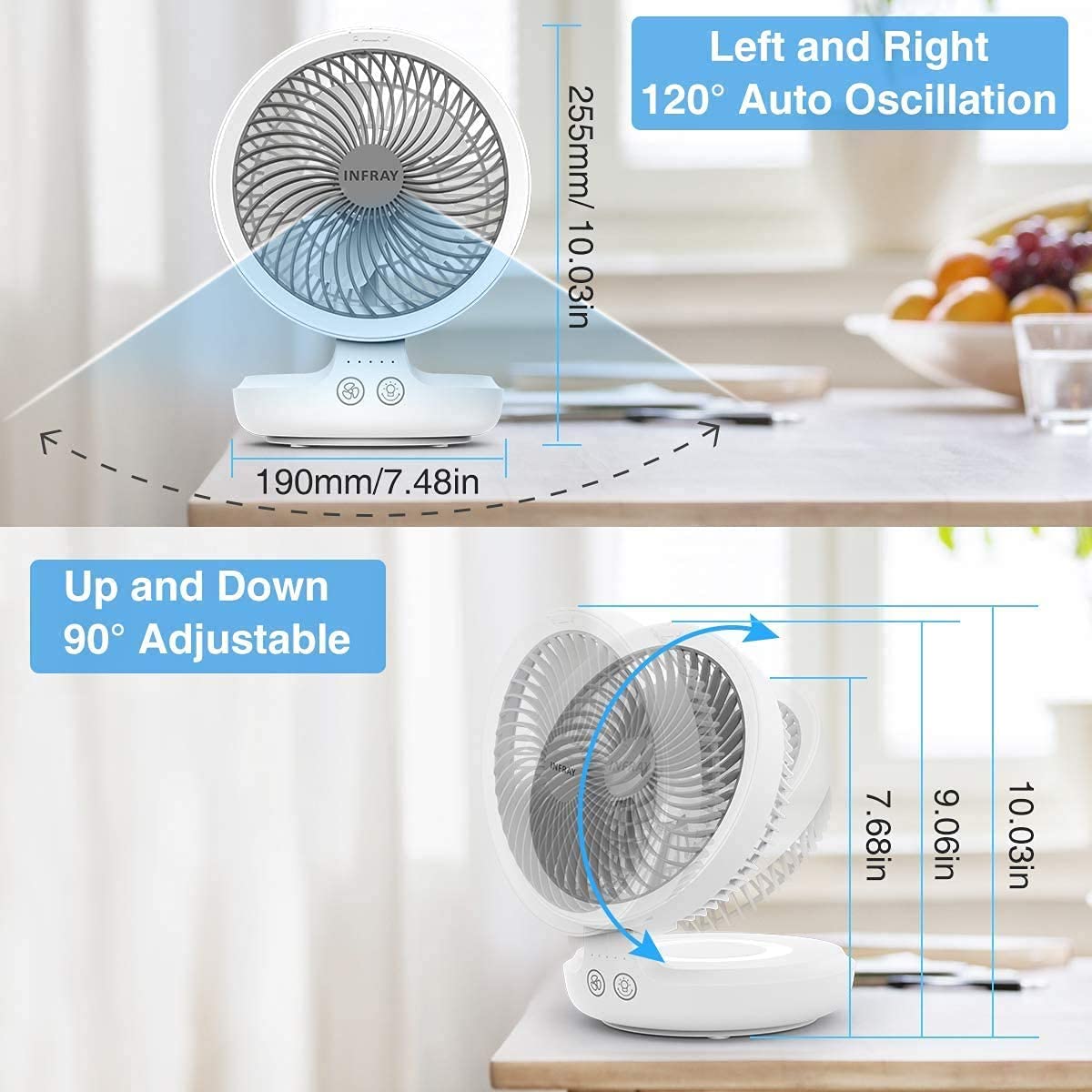 infray USB Desk Fan Rechargeable Portable Oscillating Table Fan with Night Breathing Light, Air Circulator Foldable Quiet Fan Desktop Personal Fan with 4 Speeds Setting for Home Office - White