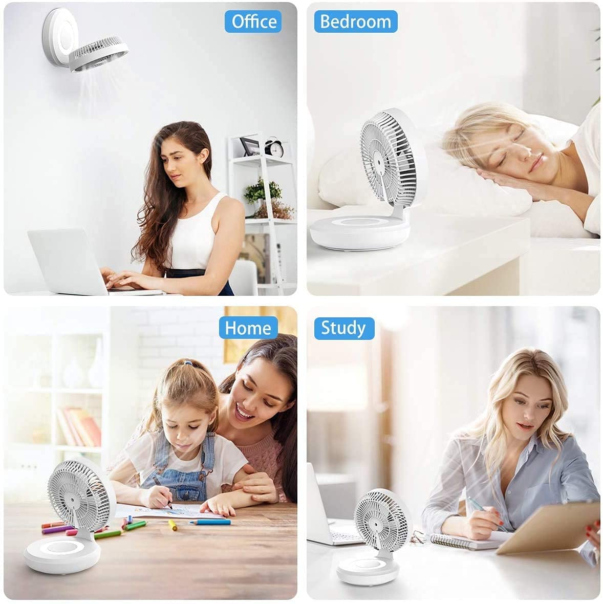 infray USB Desk Fan Rechargeable Portable Oscillating Table Fan with Night Breathing Light, Air Circulator Foldable Quiet Fan Desktop Personal Fan with 4 Speeds Setting for Home Office - White