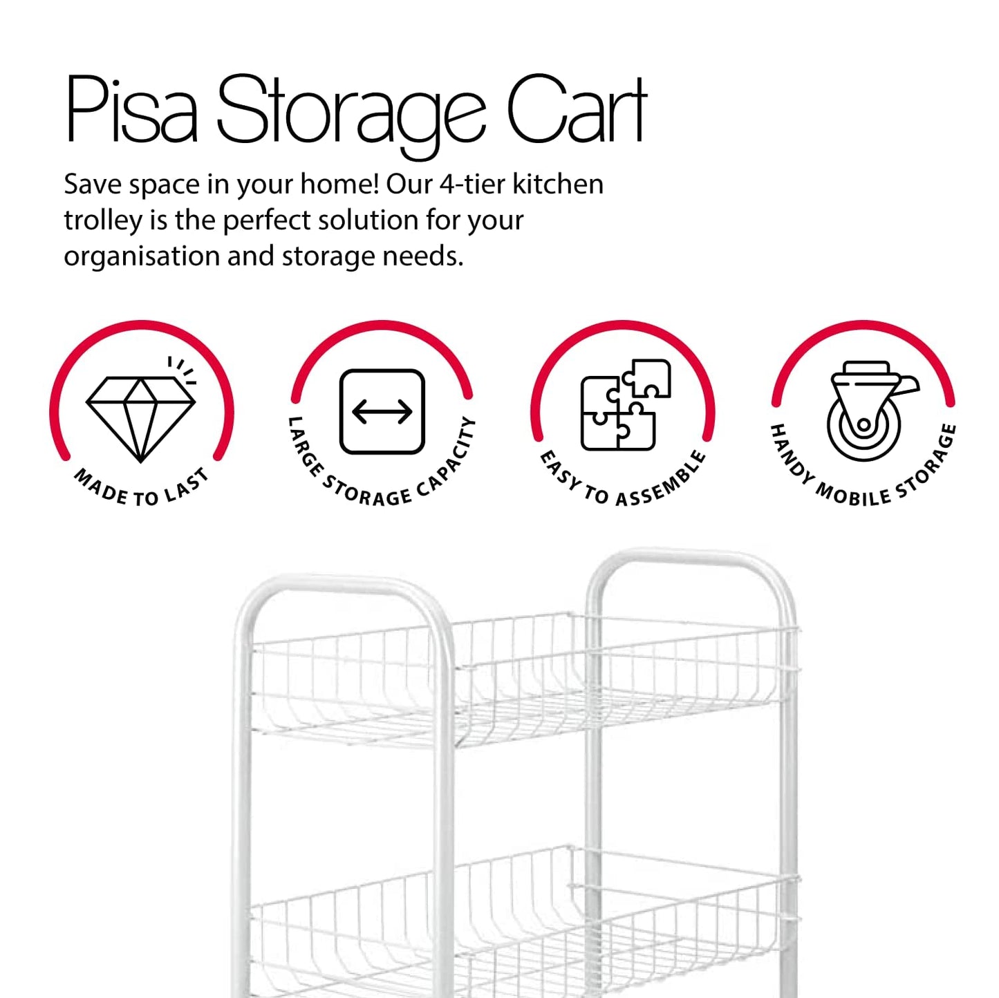 Metaltex Pisa 4-Tier Trolley with Wheels - Multipurpose Storage Cart for Home including Kitchen, Bathroom, Office and Garage – White, 41 x 23 x 84 Centimetres 41 x 23 x 84 cm