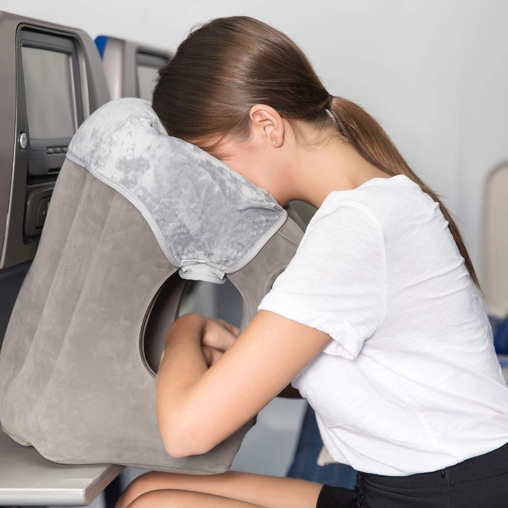 Head Supporting Travel Pillow- Multifunction Inflatable Travel Pillows for Sleeping on Airplane Train Bus Office Dark Grey