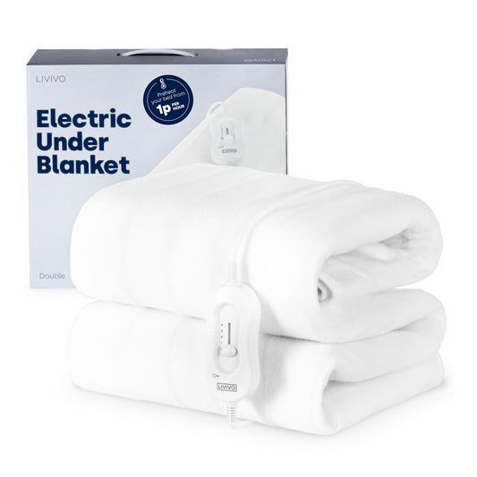 LIVIVO Electric Under Blanket - Heated Underblanket with 3 Heat Settings, Detachable Control, Ultra Fast Heat Up, Overheat Protection & Straps for an Easy Fit (Double) Double White