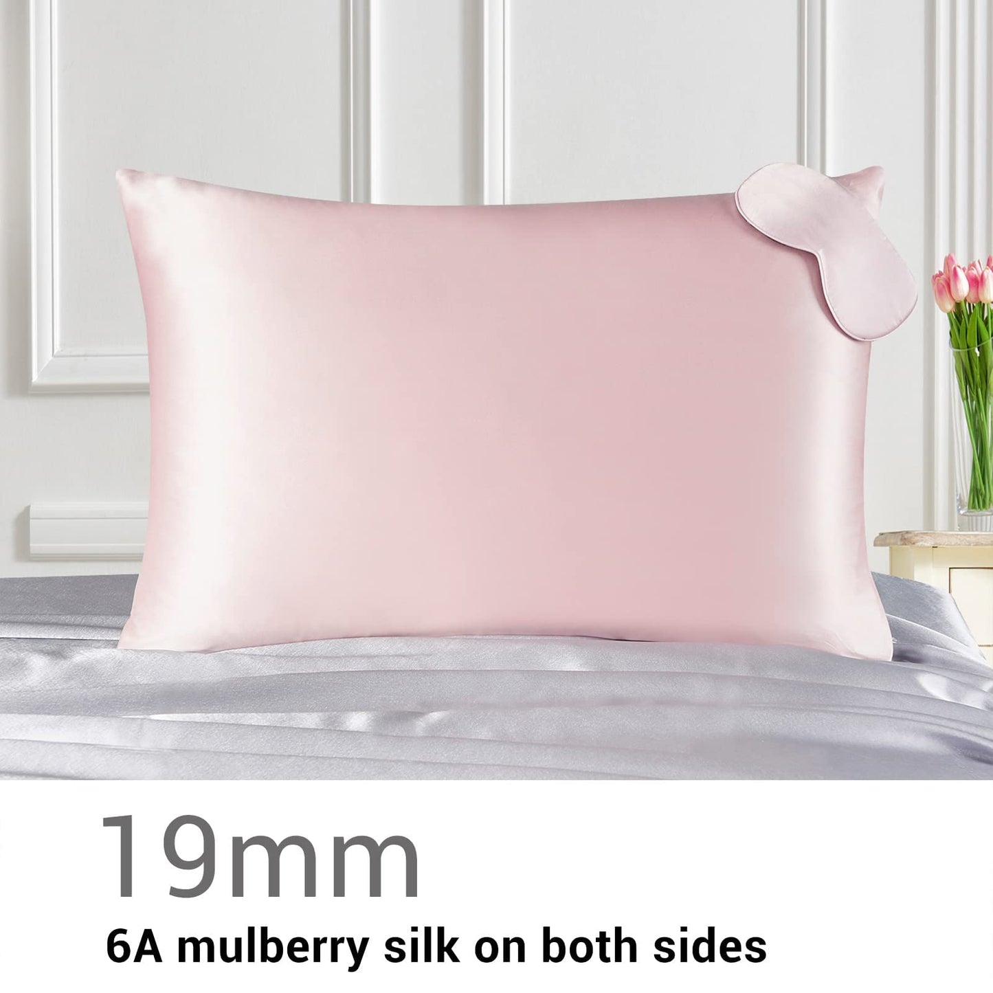 Vespersilk 100% Mulberry Silk Pillowcase & Eye Mask Set for Hair and Skin, Genuine 19Momme, Grade 6A Premium Silk Both Sides, with Hidden Zipper (Standard 50x75cm, Pink) Silk Sleep Mask 50x75cm Pillowcase Set