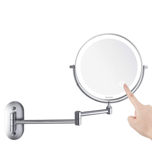 Auxmir 8'' Wall Mounted Mirror with 1X/10X Magnification, LED Magnifying Makeup Mirror with 3 Light Modes, 360 Swivel Double Sided Extendable Vanity Mirror, Touch Control & Auto OFF, 4 AAA Batteries 1X/10X-AAA Batteries