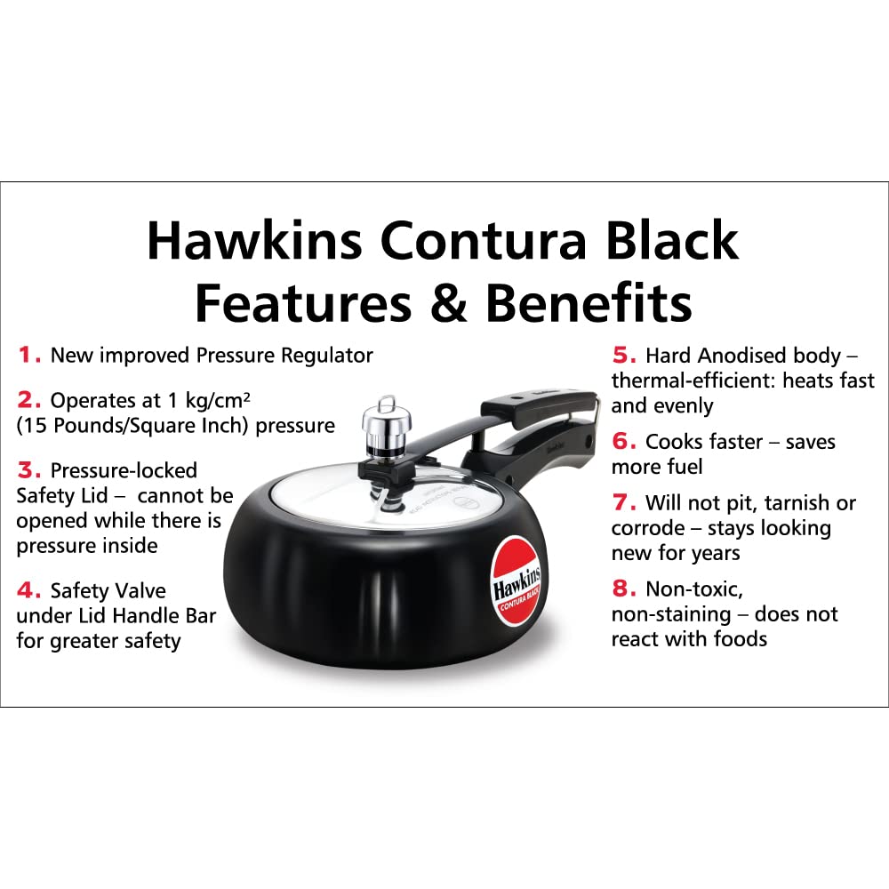 Hawkins Contura Black 2 Litre Pressure Cooker, Hard Anodised Cooker, Handi Cooker, Small Cooker, Black (CB20) 2-Liter