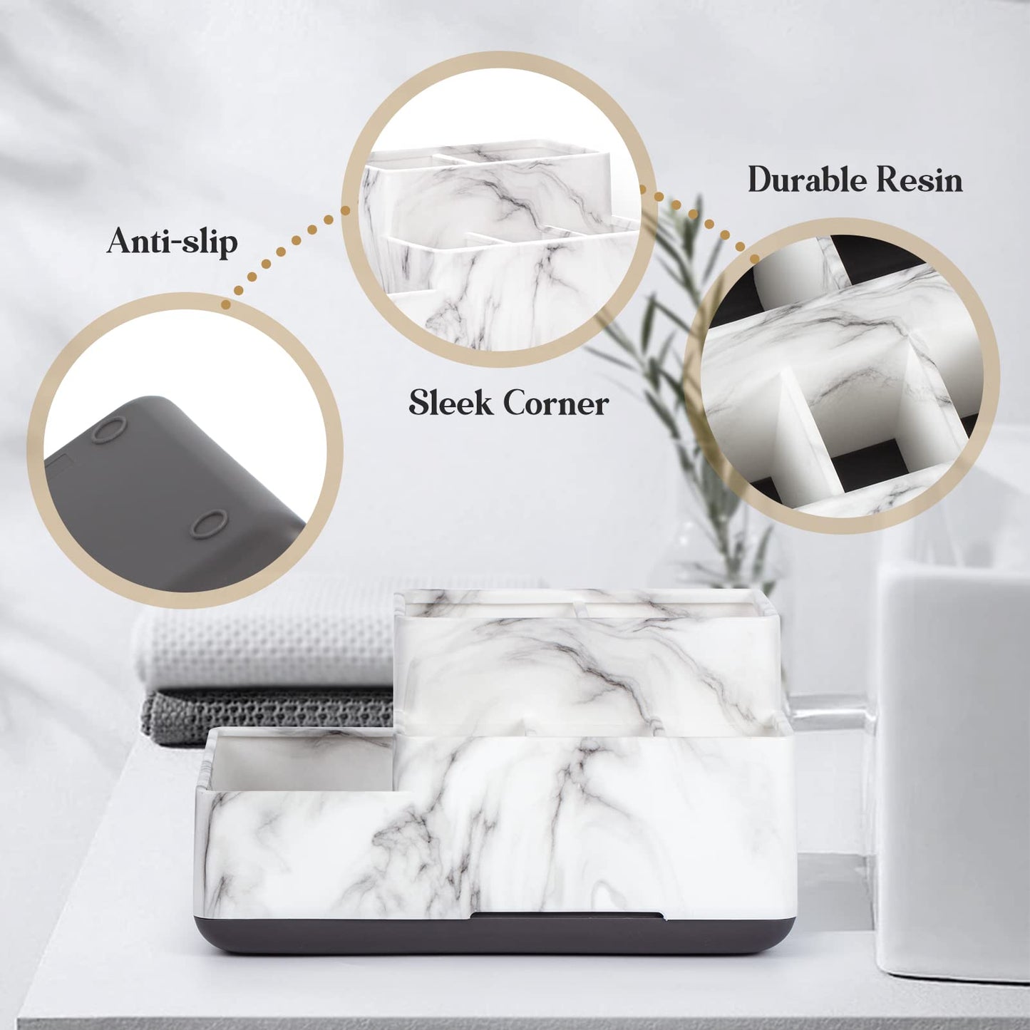 Toothbrush Holder,Bathroom Organizer Countertop, 5 Compartments Multifunctional Storage for Cosmetic, Makeup, Office Stationery Pencil,Toothpaste, Toothbrush for Home, Office White Marble