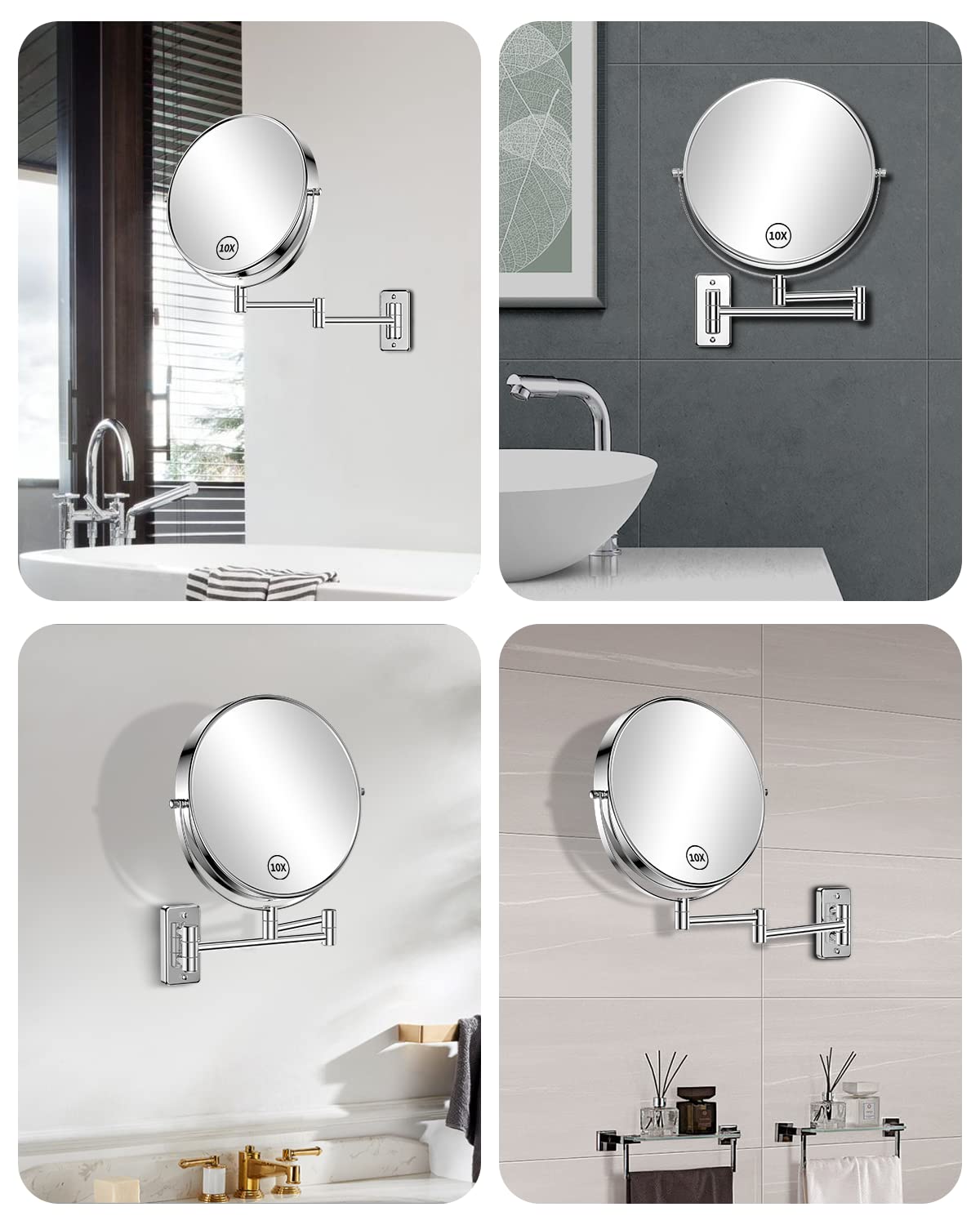 Gospire 9" Large Size Wall Mount Makeup Mirror with 1X/10X Magnification Double-Sided 360° Swivel Vanity Mirror，Chrome Polished Extendable Shaving Bathroom Wall Cosmetic Mirror for Men and Women Chrome 10x Mirror