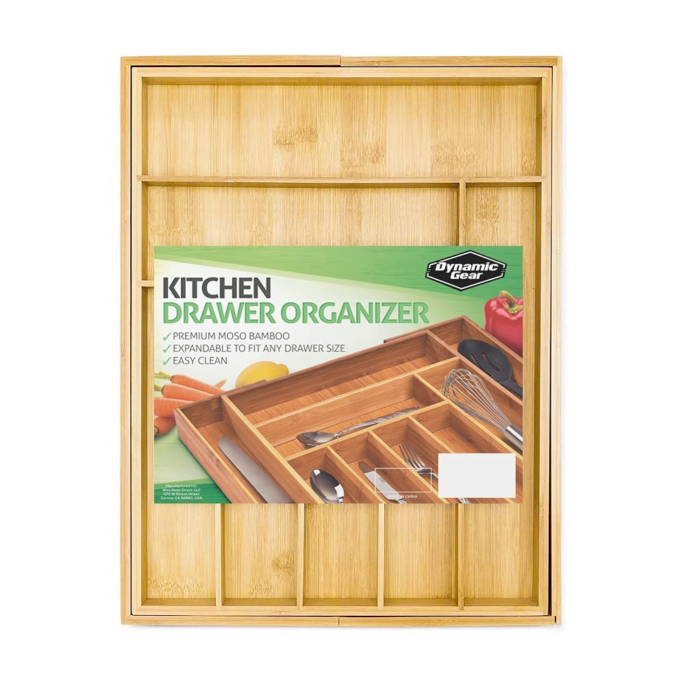 Dynamic Gear Bamboo Drawer Organizer (7–9 slots) | 100% Pure Bamboo Silverware Drawer Organiser | Wooden Cutlery Tray, Kitchen Organization, Utensil Divider/Holder | Wood Trays 7-9 slots