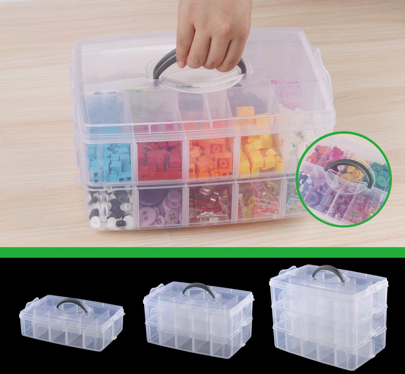 Anstore Craft Storage Box with Compartments, 3-Tier 30 Sections Transparent Stackable Plastic Box Organiser with Handle, Practical Sorting Box for Crafts, Jewelry, Toy, Sewing Accessories Large