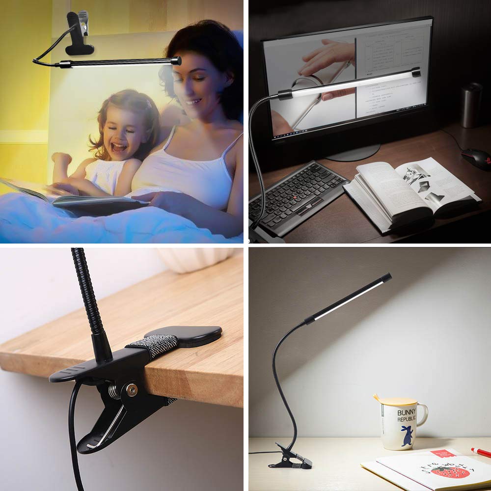 LED Clip Desk Lamp, Reading Light Study Lamp Eye Care Protection with 10 Dimmable Brightness & 3 Light Modes, USB Powered Flexible Gooseneck Clamp for Bed Headboard Table Office Lights, 7W (Black)