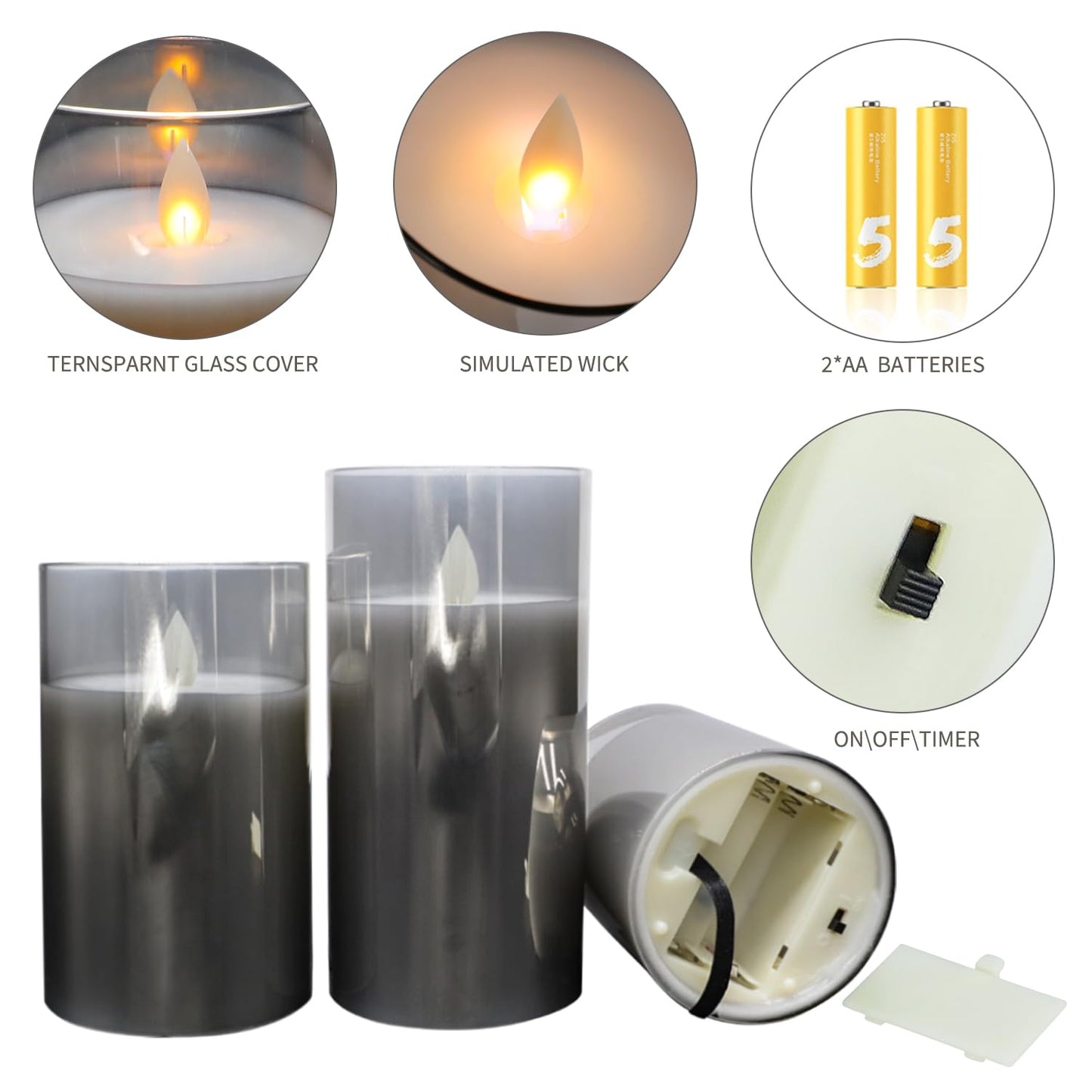 LED Candles Flameless Candles 4" 5" 6" Set of 3 Real Wax Light, Battery Operated Candles Gray Glass Pillars Realistic Flickering Wick Flame Mode, Lantern Candles with Remote Control 24 Hour Timer Grey