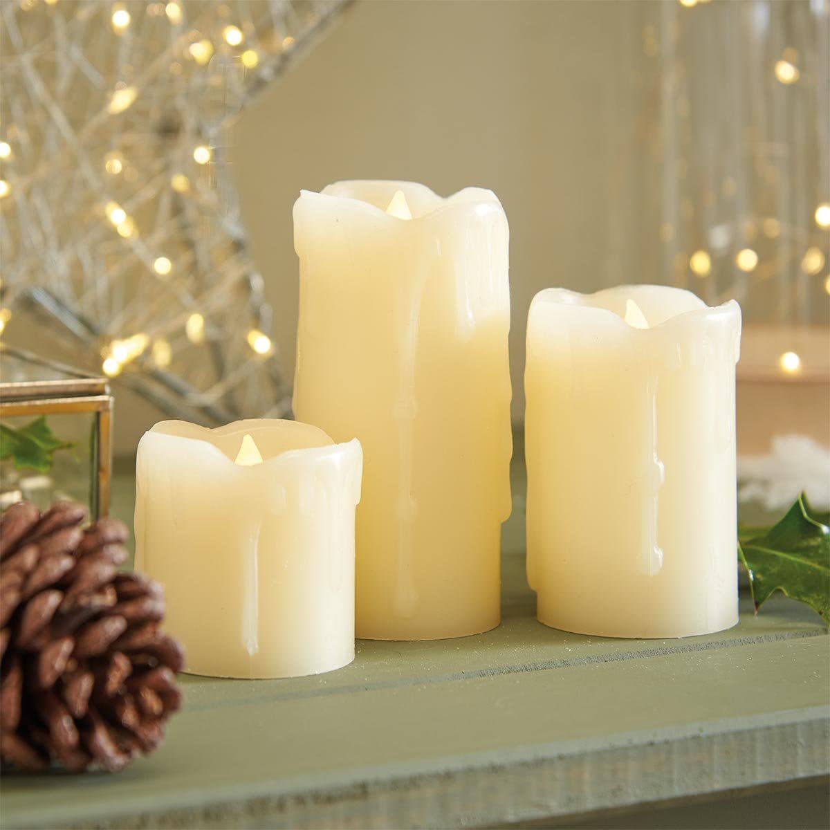 Festive Lights 3 Pack Cream Pillar Candles - Battery Operated Real Wax Flickering Flame - 3 x Warm White LED Indoor Christmas Home Event Decoration 3-Pack CR2032