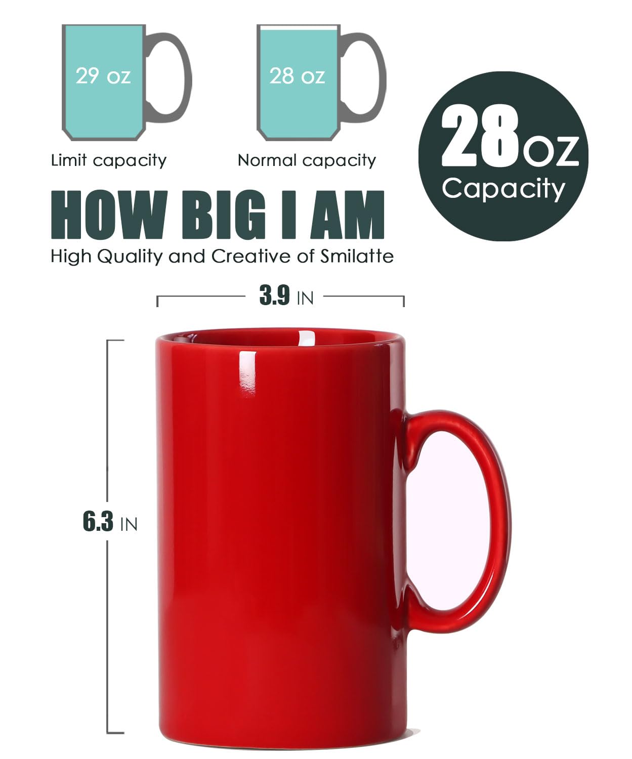 28 OZ Extra Large Ceramic Coffee Mug, Smilatte M018 Classic Porcelain Boss Super Big Tea Cup with Handle for Office and Home, Red 28 OZ