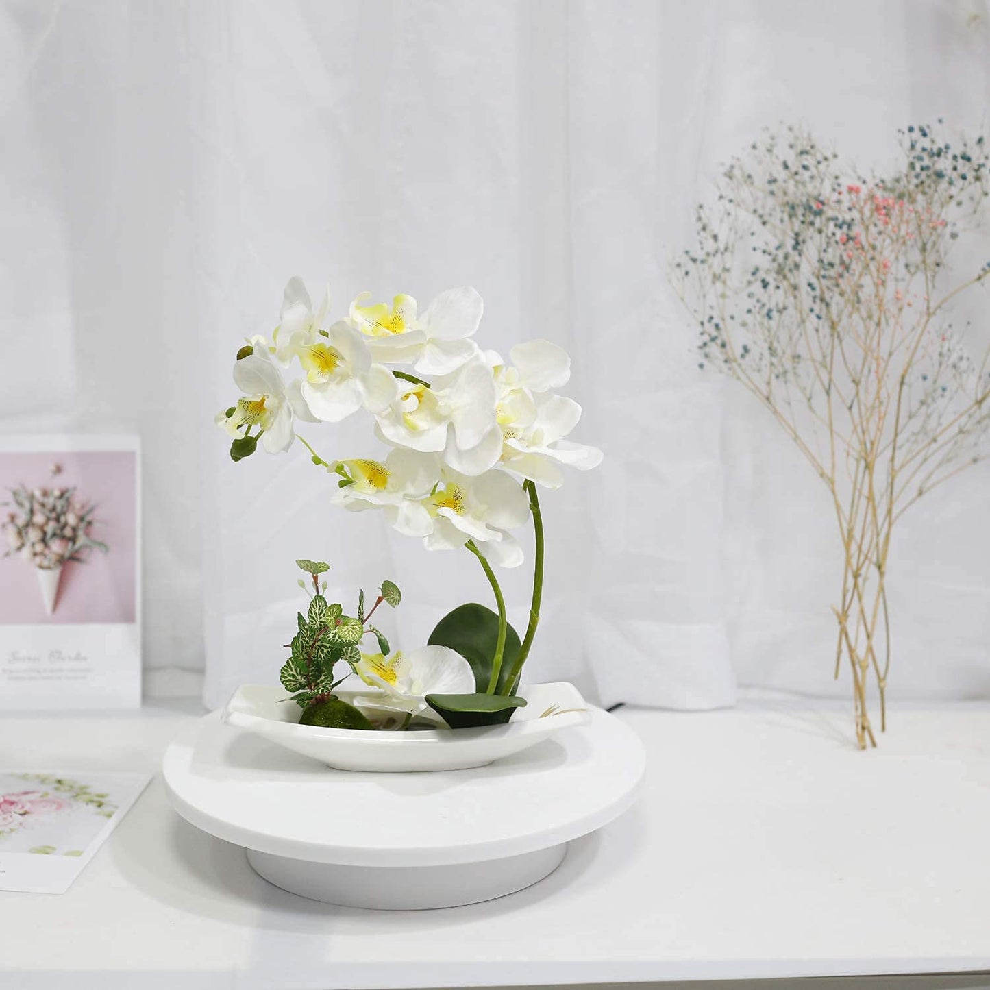 White Orchid Artificial Flowers Fake Indoor Faux Arrangements with Porcelain Vase Silk Plant in Pot That Look Real Table Centerpiece Bathroom Ornaments White Orchid