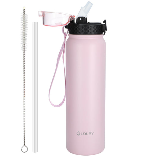 OLDLEY Stainless Steel Water Bottle with Straw 1L Vaccum Insulated Large Drink Flask Metal Water Bottles 1 Litre Leakproof Keep Drinks Hot Cold for Bike Camping Sports Gym Adult Women Men 1 Lid Pink