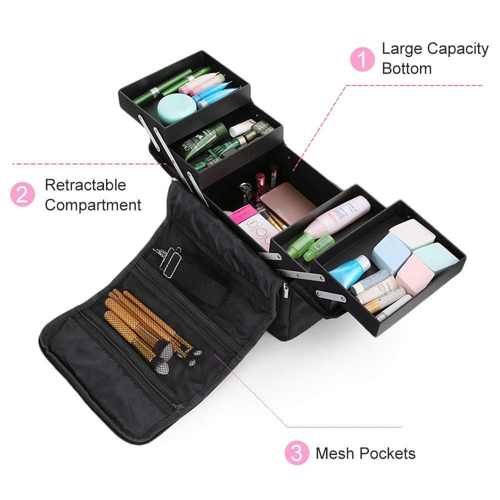 Hotrose Makeup Bag Large Vanity Case Beauty Nail Art Makeup Travel Box Multilayer Clapboard Cosmetic Case Jewellery Storage Organiser Storage with Shoulder Strap Nylon Fabric (Black) Black