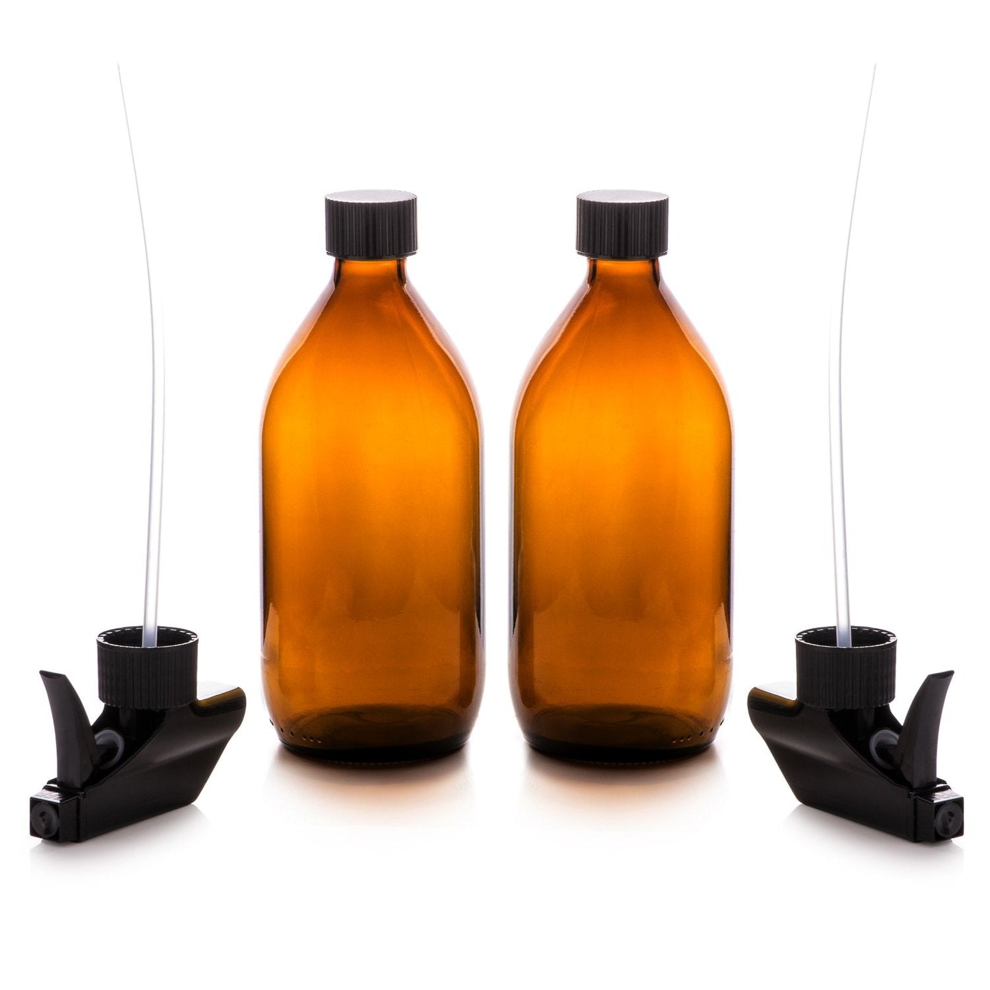 Amber Glass Spray Bottles with Trigger Pump/2 Caps. Reusable, Eco-friendly for Organic/Cleaning/Essential Oil/Plant/Hair/Pet (2 x 500 ml)