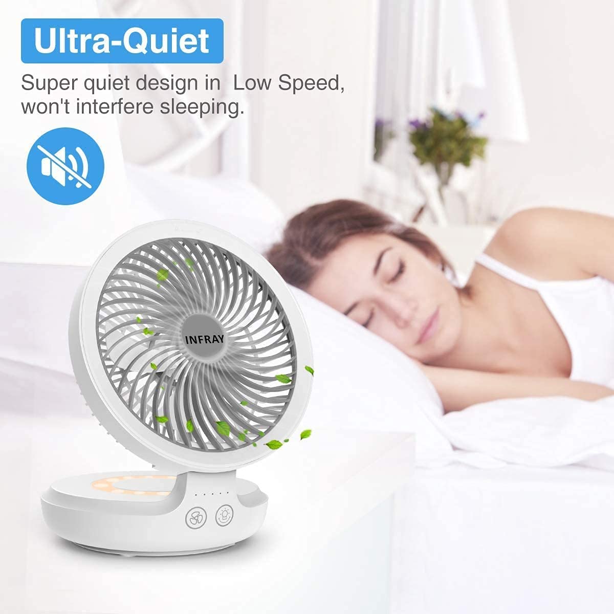 infray USB Desk Fan Rechargeable Portable Oscillating Table Fan with Night Breathing Light, Air Circulator Foldable Quiet Fan Desktop Personal Fan with 4 Speeds Setting for Home Office - White