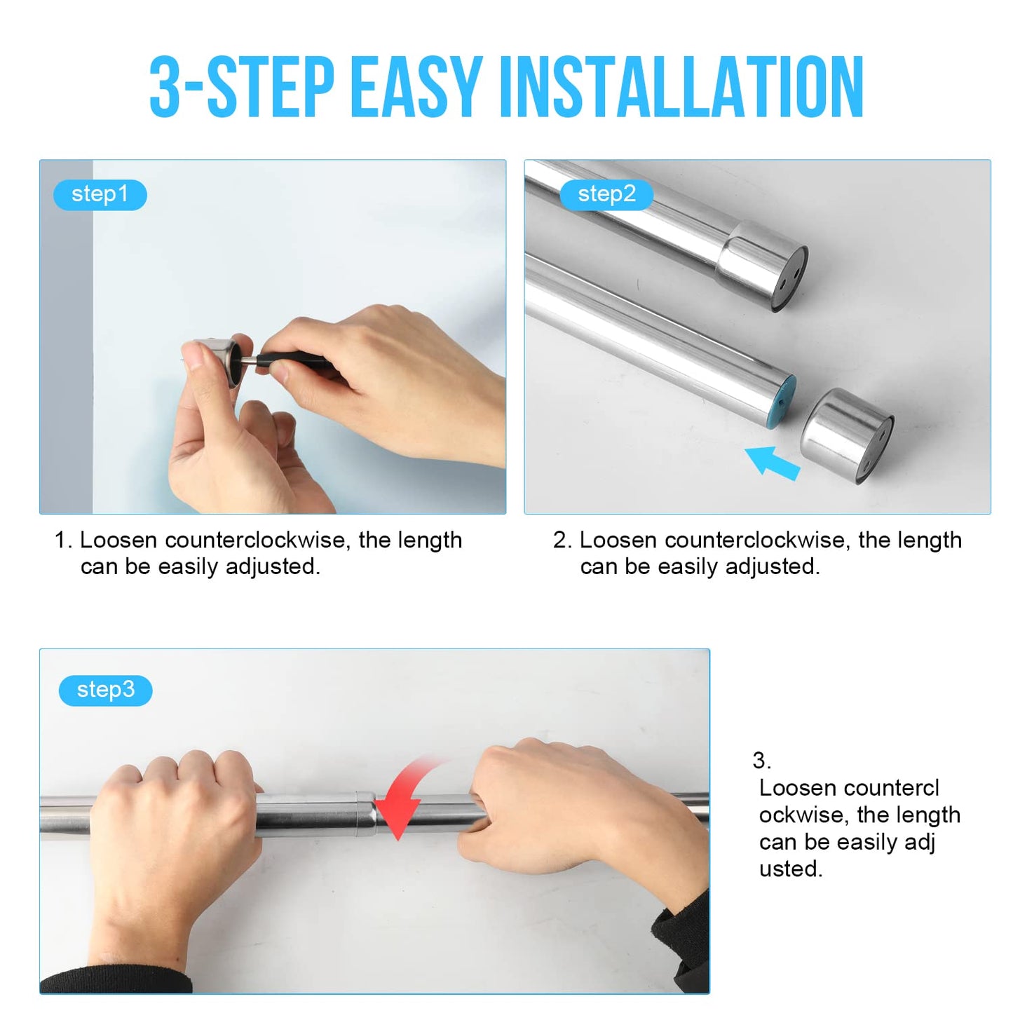 WAENLIR 60cm-100cm Extendable Stainless Steel Wardrobe Rail, Adjustable Clothes Rail Pole With End Sockets. 60-100CM