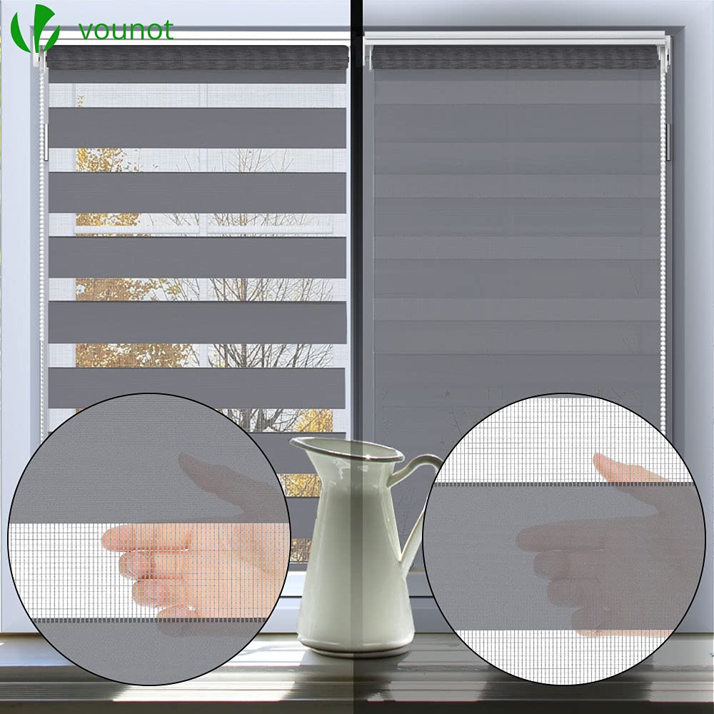 VOUNOT Day and Night Zebra Roller Blind with Clips 90 x 150 cm, Double Fabric Translucent or Blackout Vision Curtains for Window and Door, No Drilling, Grey 90x150cm Grey X 1