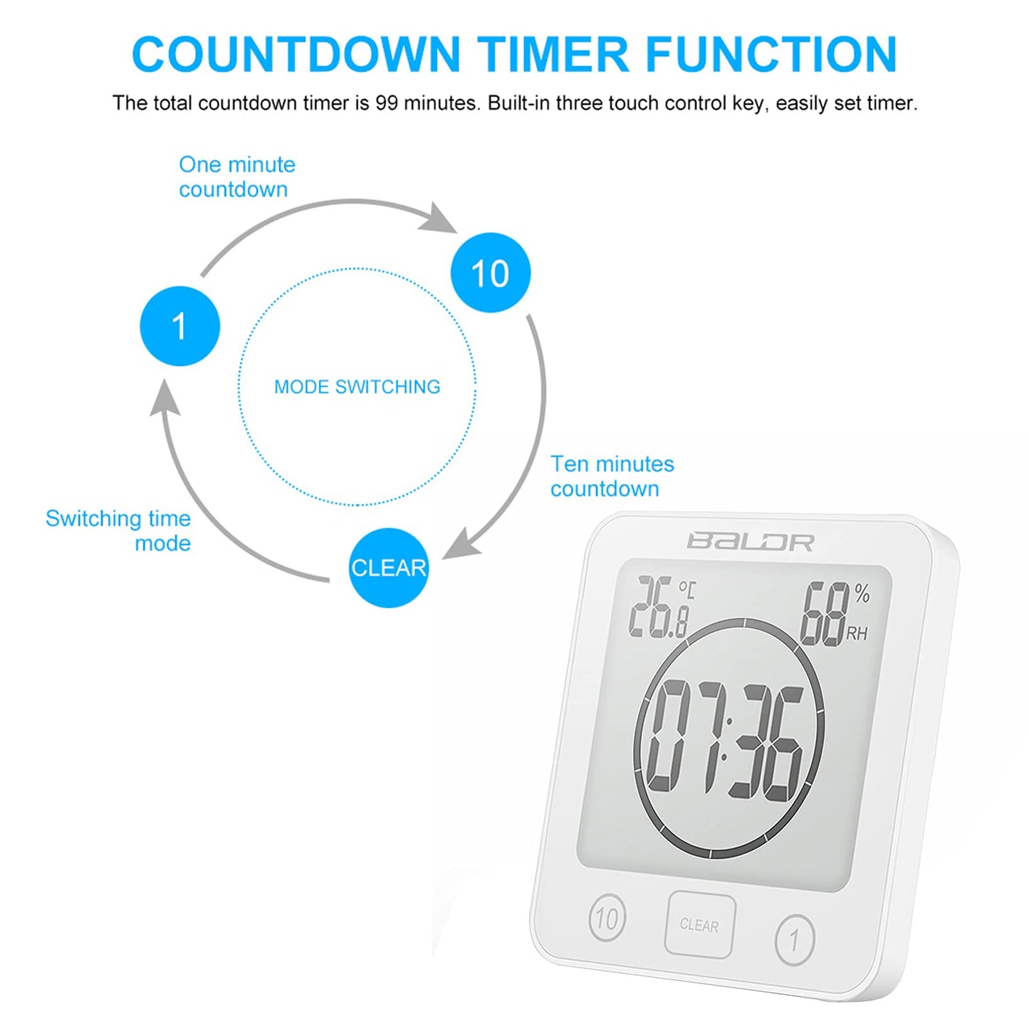 ALLOMN Bathroom Clock, LCD Digital Shower Clock Alarm Waterproof Touch Control ℃/℉ Temperature Humidity, Count Down Timer, 3 Mounting Methods, Battery Power (White) White