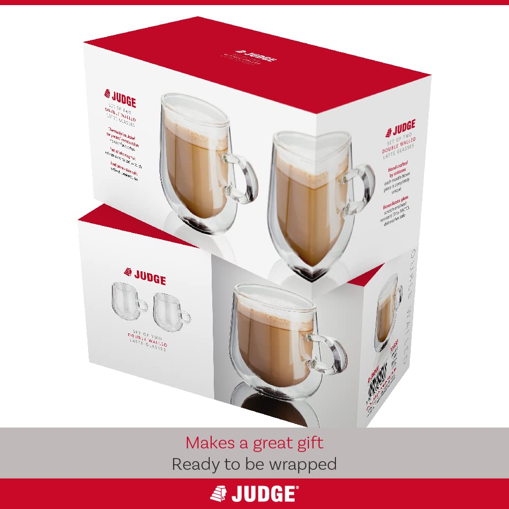 Judge Double Walled Glass Coffee Cups, Set of 2, 275ml - Vacuum Insulated, Handcrafted Artisan - Strong, Heat Resistant & Dishwasher Safe Single Set of 2 Latte Glasses