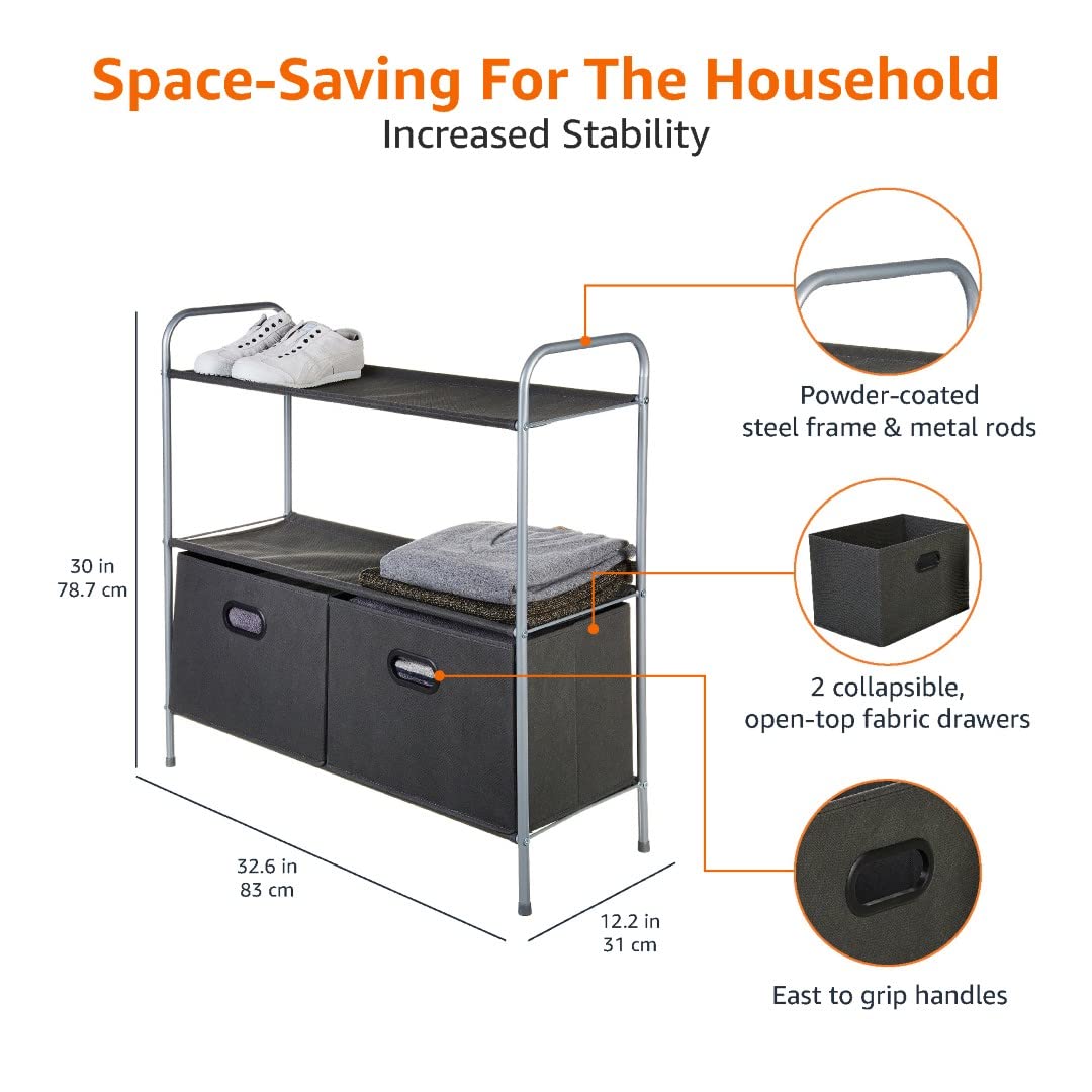 Amazon Basics Closet Storage Organiser Unit with Three Fabric Shelves and Two Collapsible Open-Top Bins, Gray, 83 x 31 x 78.7cm