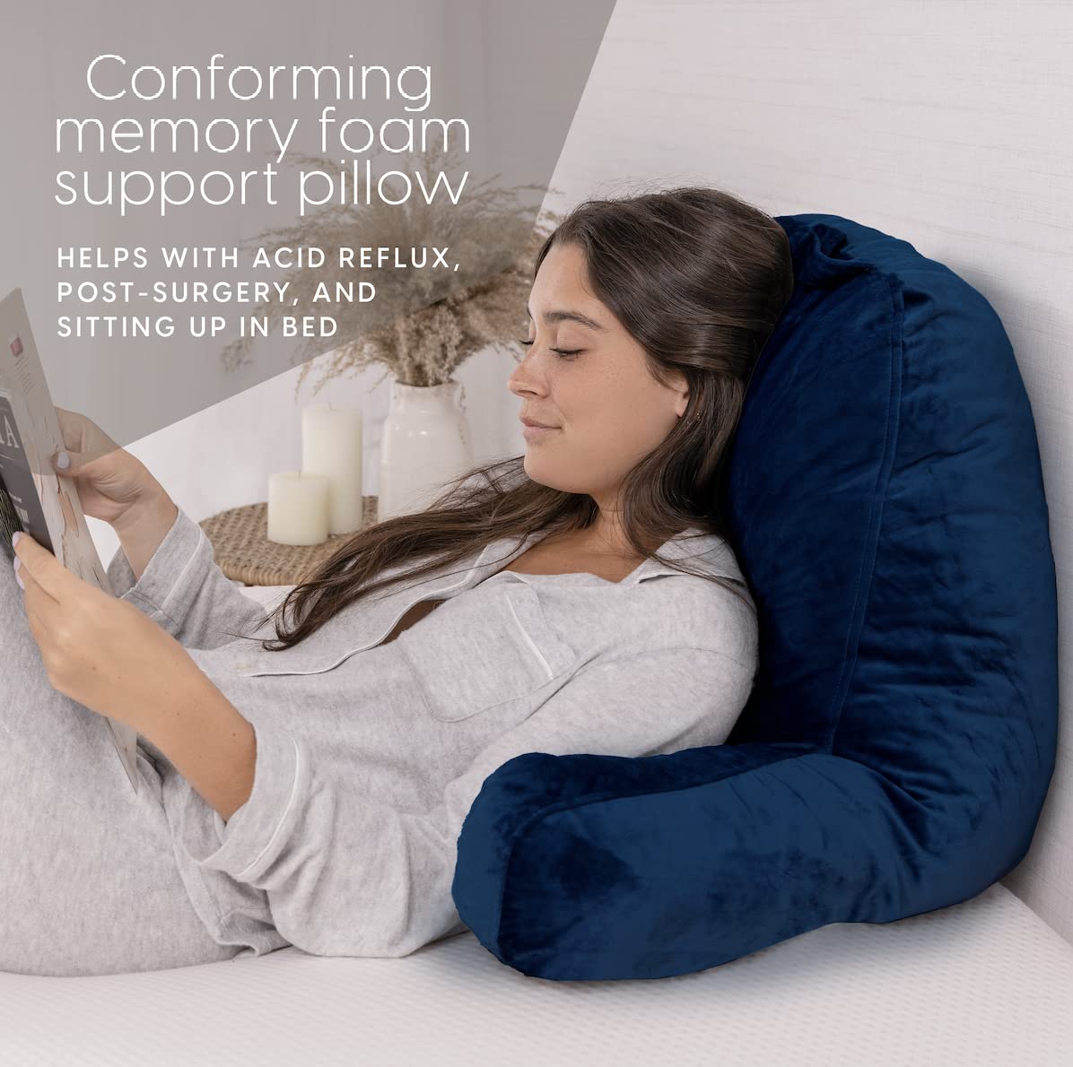 Milliard Therapeutic Reading Pillow/Lumbar Support Cushion with Shredded Memory Foam | Great as Backrest for Books or Gaming - 45cm x 38cm (18" x 15" Sit up Pillow) Navy