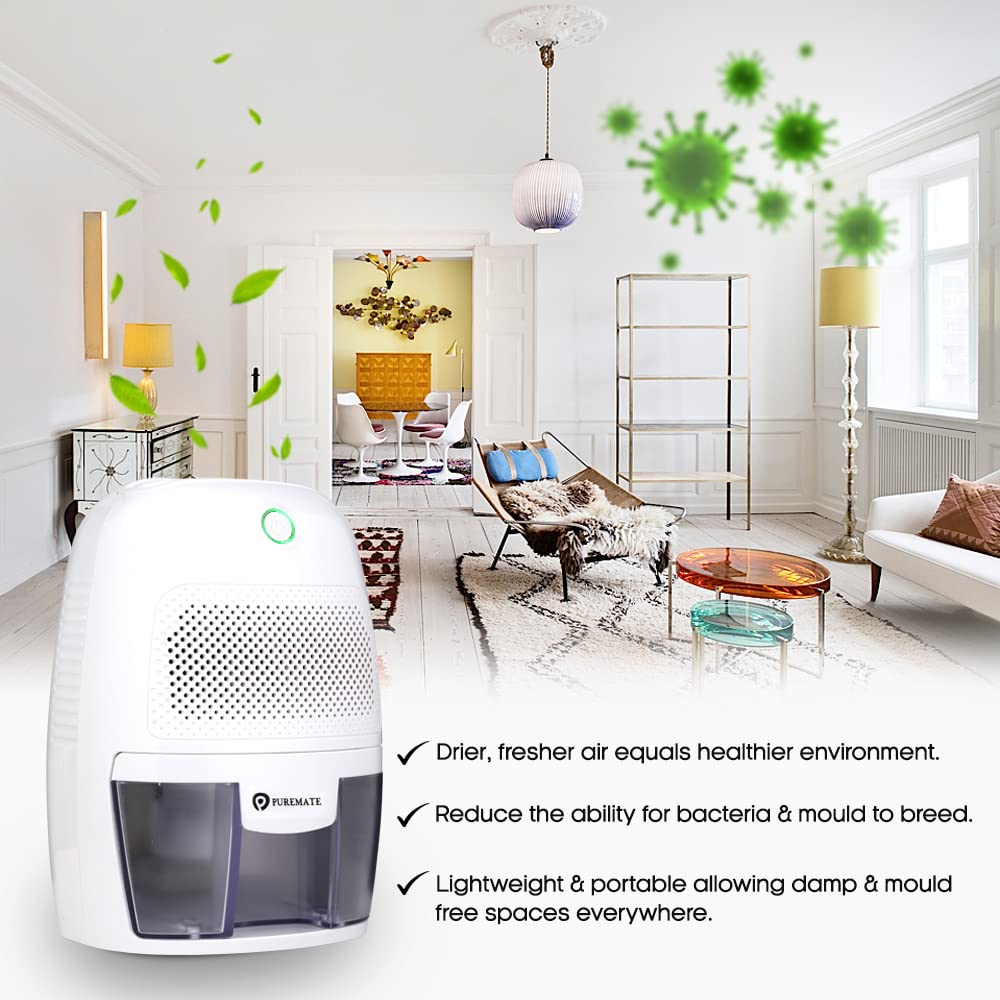 PureMate Dehumidifier 600ml Compact and Portable Mini Air Dehumidifier for Damp, Mould, Moisture in Home, Kitchen, Bedroom, Bathroom, Caravan, Garage Office, Basement - White