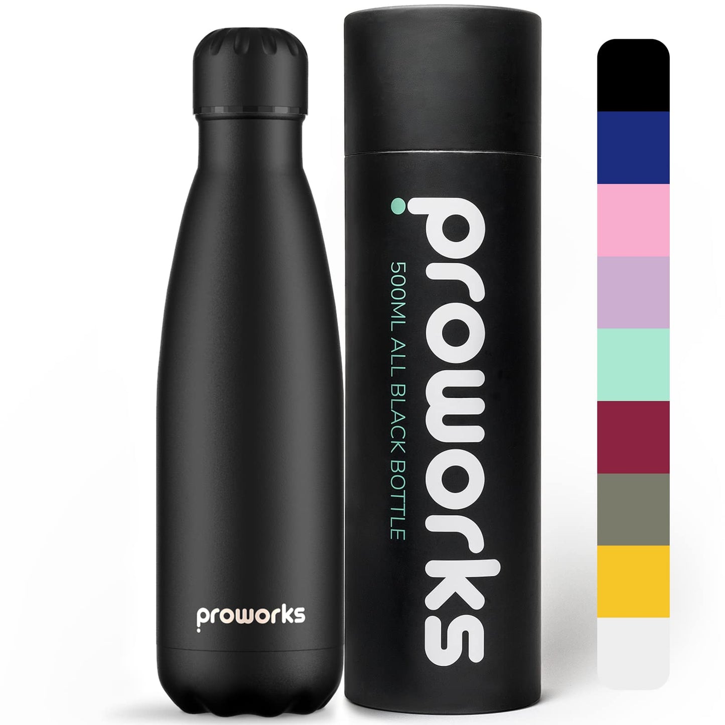 Proworks Performance Stainless Steel Sports Water Bottle | Double Insulated Vacuum Flask for 12 Hours Hot & 24 Hours Cold Drinks - Great for Home, Work, Gym & Travel - 1L - BPA Free – All Black 1 Litre