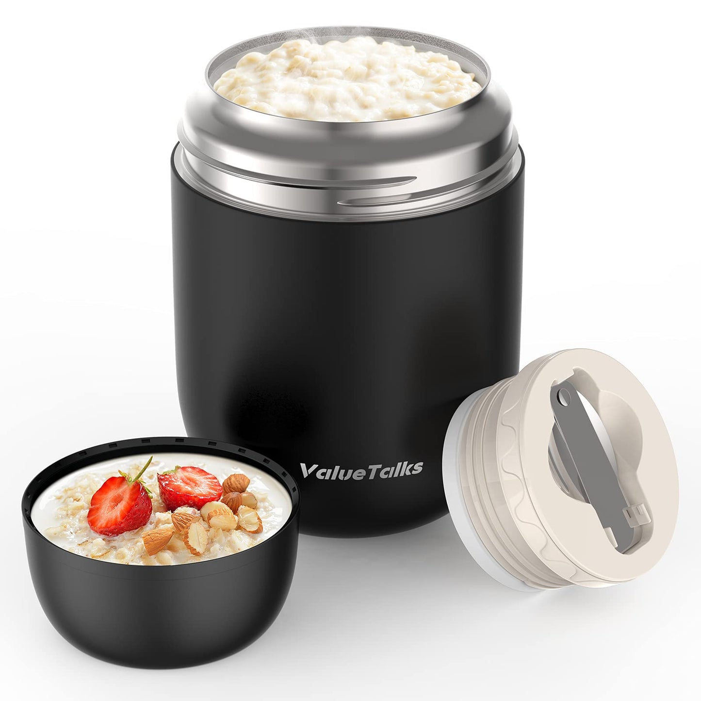 ValueTalks Hot Food Flask,Leak-Proof,Double Walled Insulated BPA Free Stainless Steel Soup Flask,Extra Wide Mouth Food Container with Folding Spoon-450ml (Black) Black