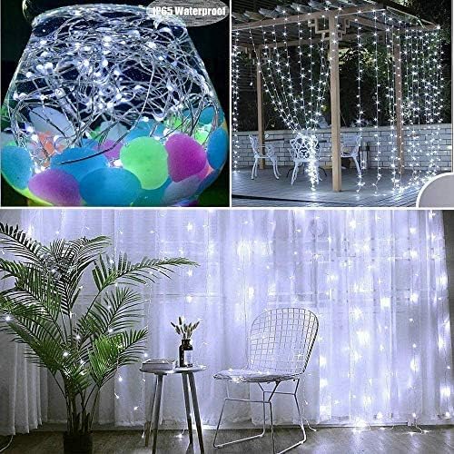 300 LED Curtain Lights, USB Plug in Window Lights, 3m x 3m 8 Modes Remote Control Fairy Light Waterproof LED Copper String Lights for Outdoor Indoor Wedding Party Garden Bedroom Decoration, Cool White