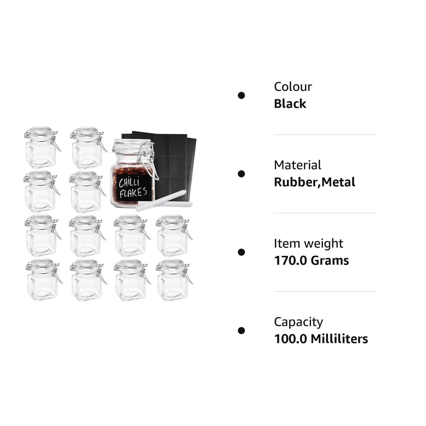 Oak & Steel - 12 Mini Clip Top Spice Jars 100 ml Glass Canister Containers with Lids, Labels and Chalk Pen (8 x 5cm) - Perfect for Spice Storage, Jam, Honey, Gifting