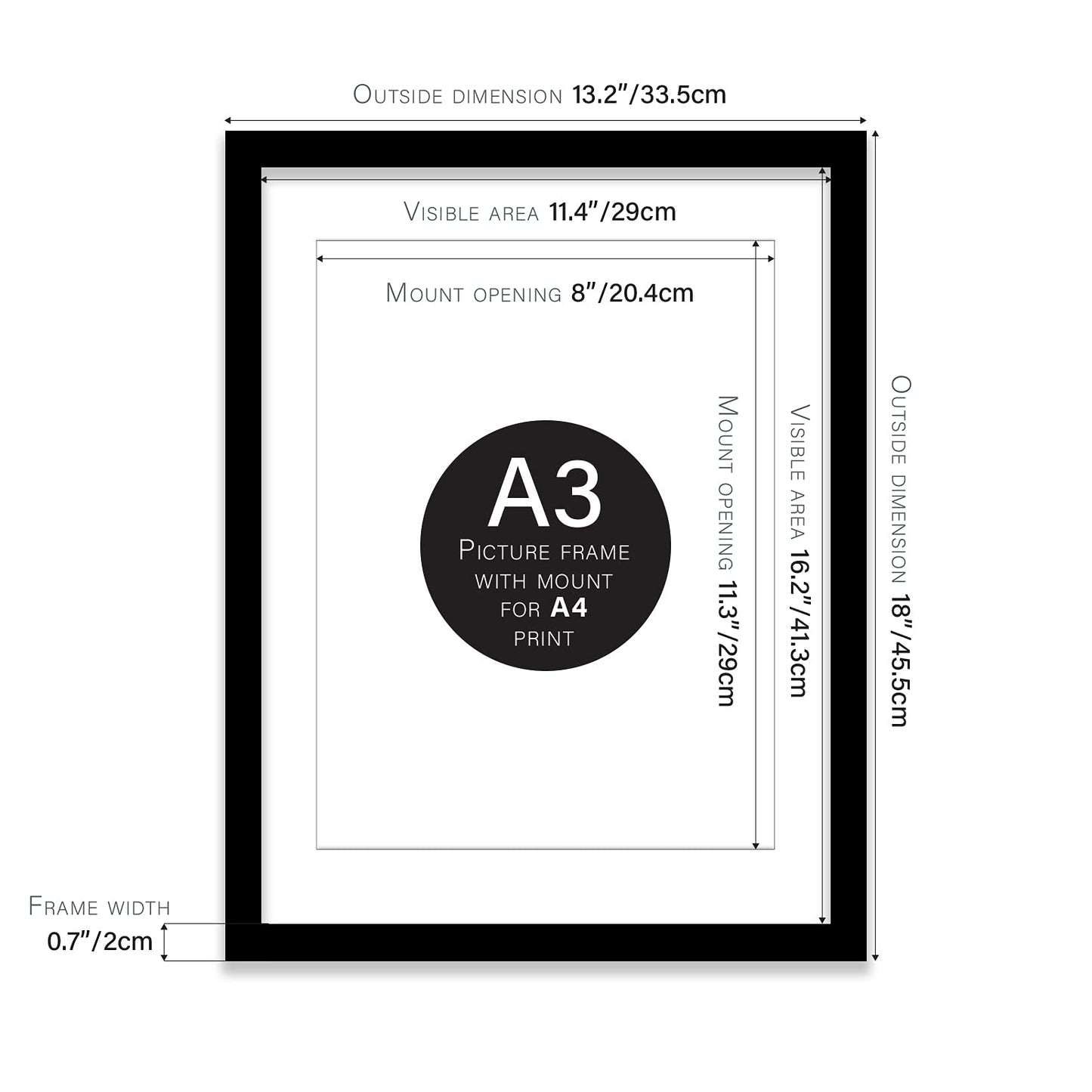 A3 Black Picture Frame With White Mount for A4 (21 x 29.7cm -8.3 x 11.7in) Print, Photo, or Poster. Portrait and Horizontal Wall Hooks A3 Frame With A4 Mount