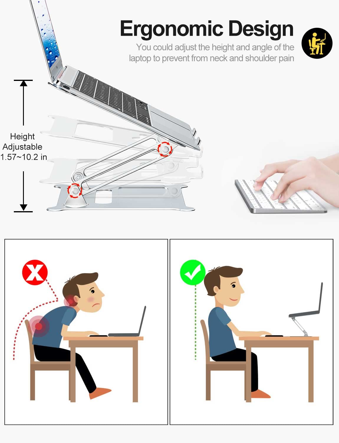 urmust Laptop Notebook Stand Holder, Ergonomic Adjustable Ultrabook Stand Riser Portable with Heat-Vent Compatible with MacBook Air Pro, Dell, HP, Lenovo Light Weight Aluminum Up to 15.6"(Silver) Silver