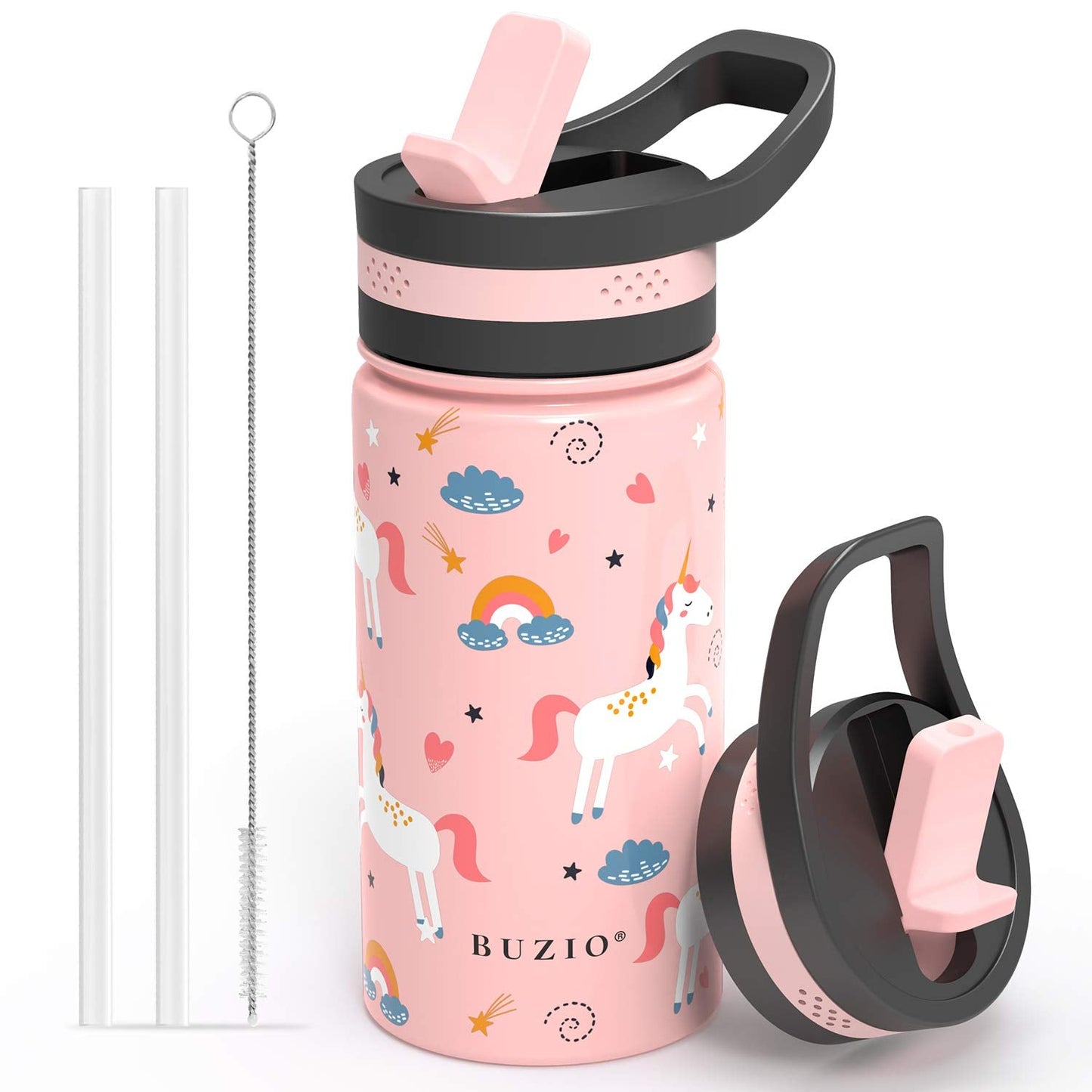 Toddler Water Bottle, BUZIO Insulated Water Bottle for Kids Insulated Modern Vacuum with 2 Straw Lids 400ml Double Walled Wide Mouth Sports Drink Flask Thermo Canteen Mug Cup Pink Unicorn