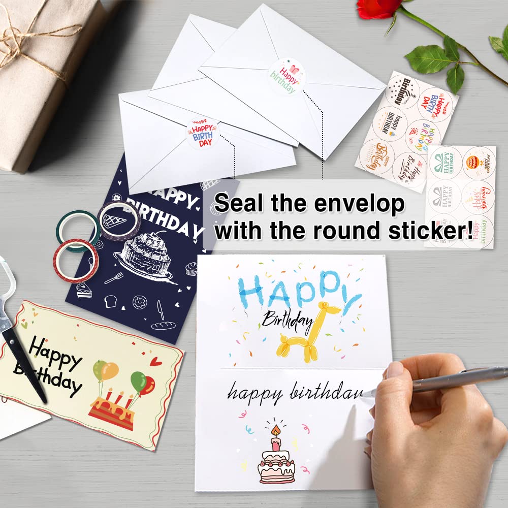 Feela 40 Happy Birthday Cards Pack, 40 Designs Birthday Cards Multipack and 40 Blank Envelopes，48 Pieces of Stickers 2 Washi Tapes, 4 X 6 Inches Blank Greeting Cards for Women, Men, Friends and Kids