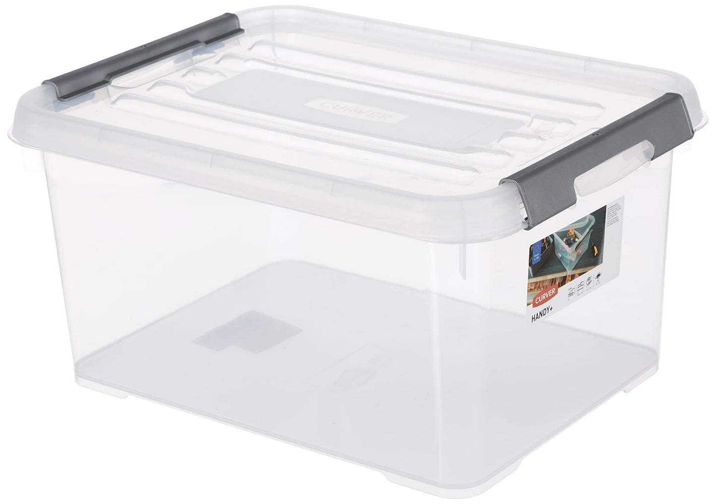 Curver Storage Box Handy Plus with lid 15L in Transparent/Silver, 39x29x20 cm